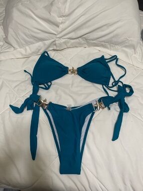 SHEIN Teal Ring-Accent Tie-Side Bikini